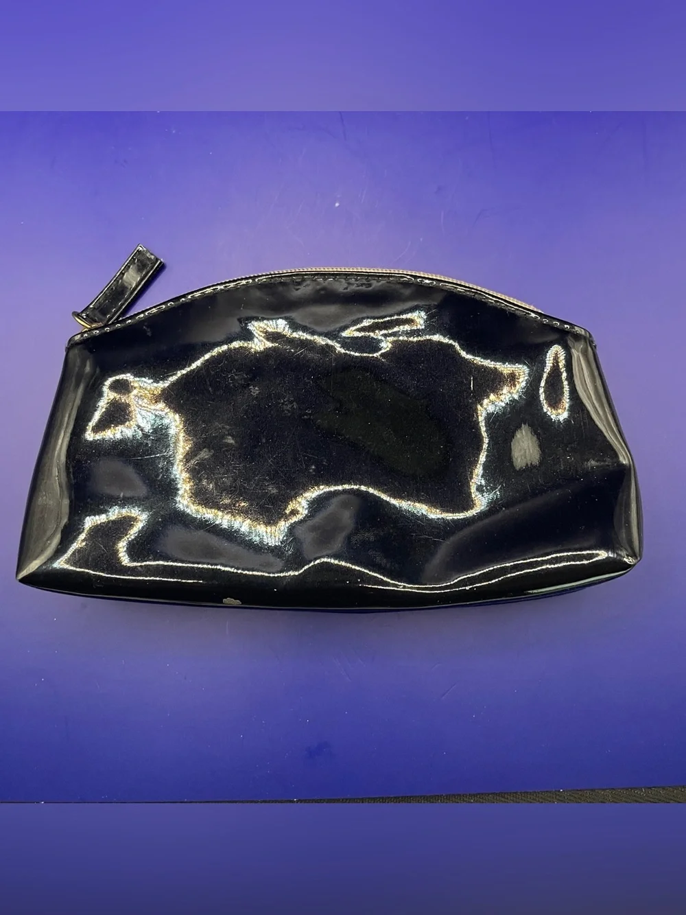 Vintage Glossy Black Patent Leather Cosmetic Bag Gold Zipper Small